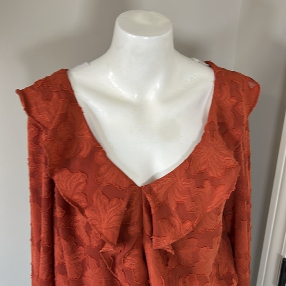 Anthropologie Shirt Textured Floral Ruffle Blouse Top Rust Crimson Tie Back Sz S - Picture 5 of 13